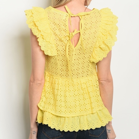 Yellow V-neck Ruffled Eyelet Top, Blouse NEW - Picture 2 of 2